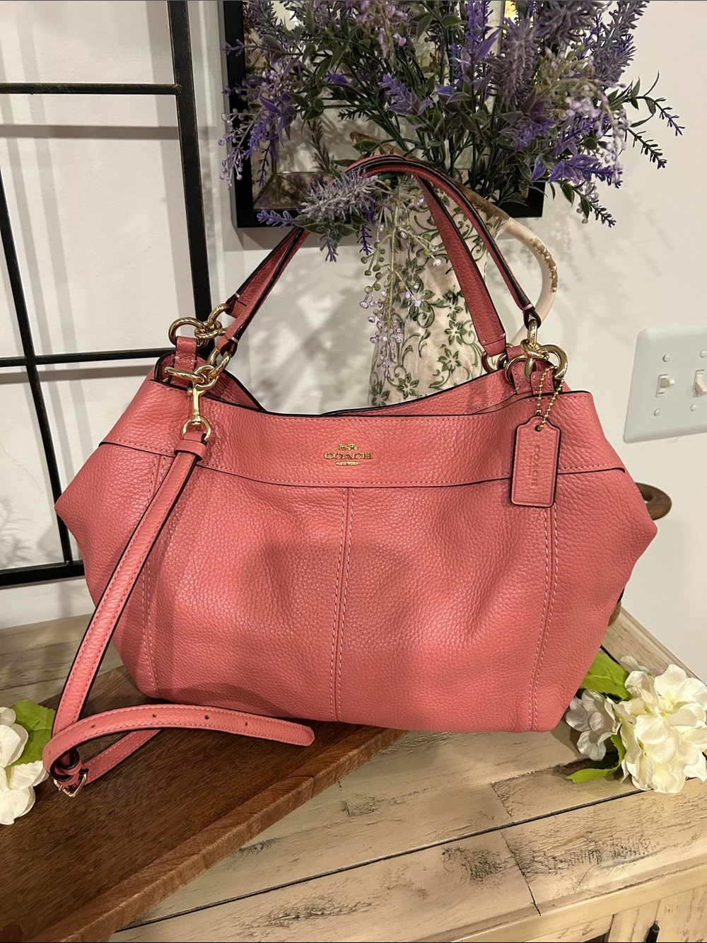 Coach Coral Pink Pebbled Leather Shoulder Bag with Gold Hardware